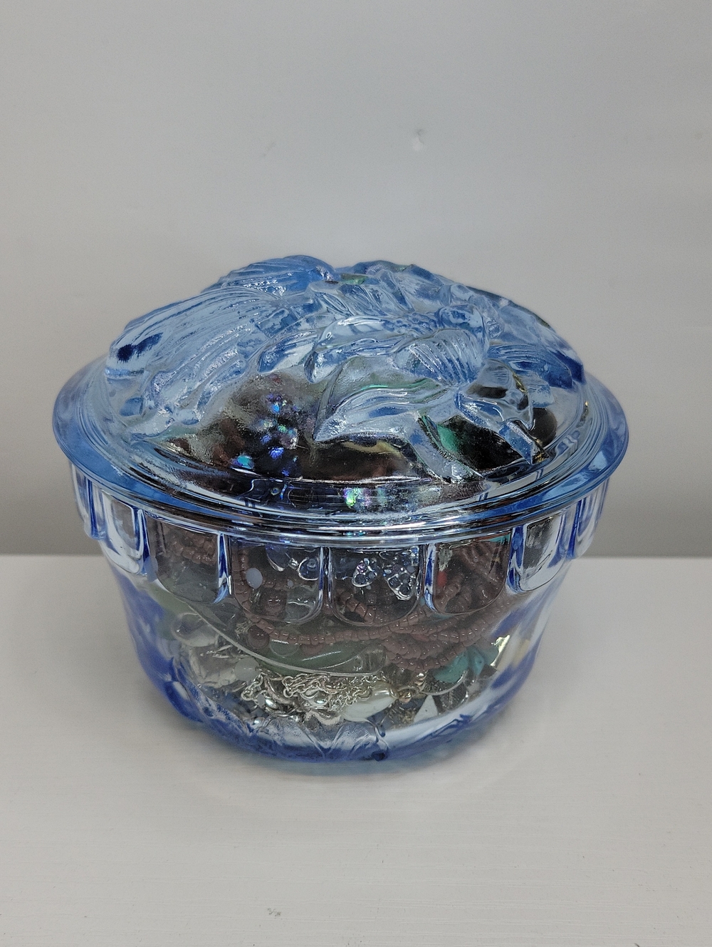 Blue Glass Trinket Dish with Lid Filled With Jewelry - Picture 3 of 3